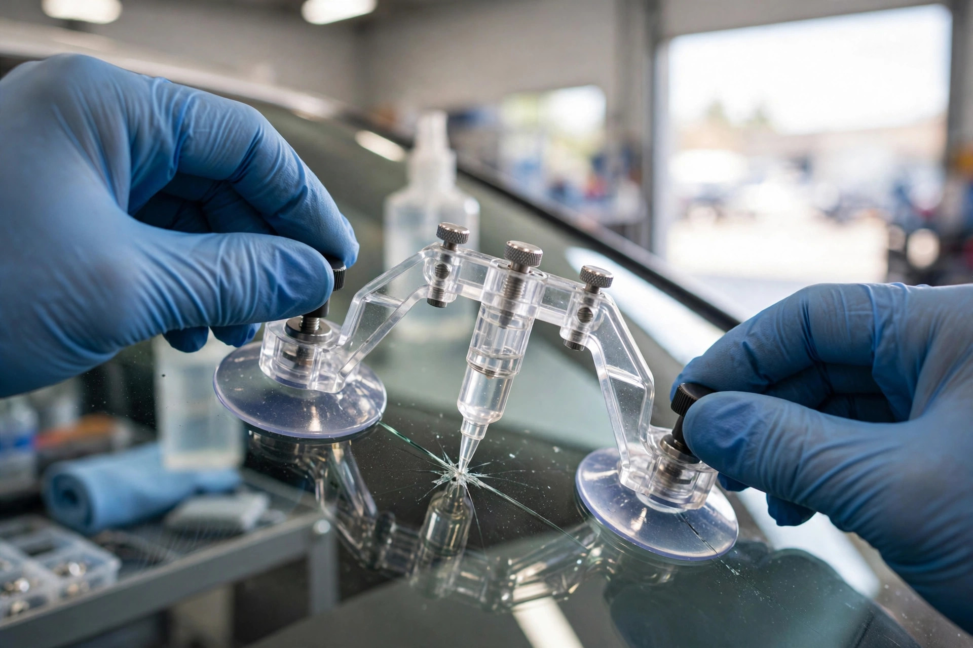 Technician repairing a windshield chip