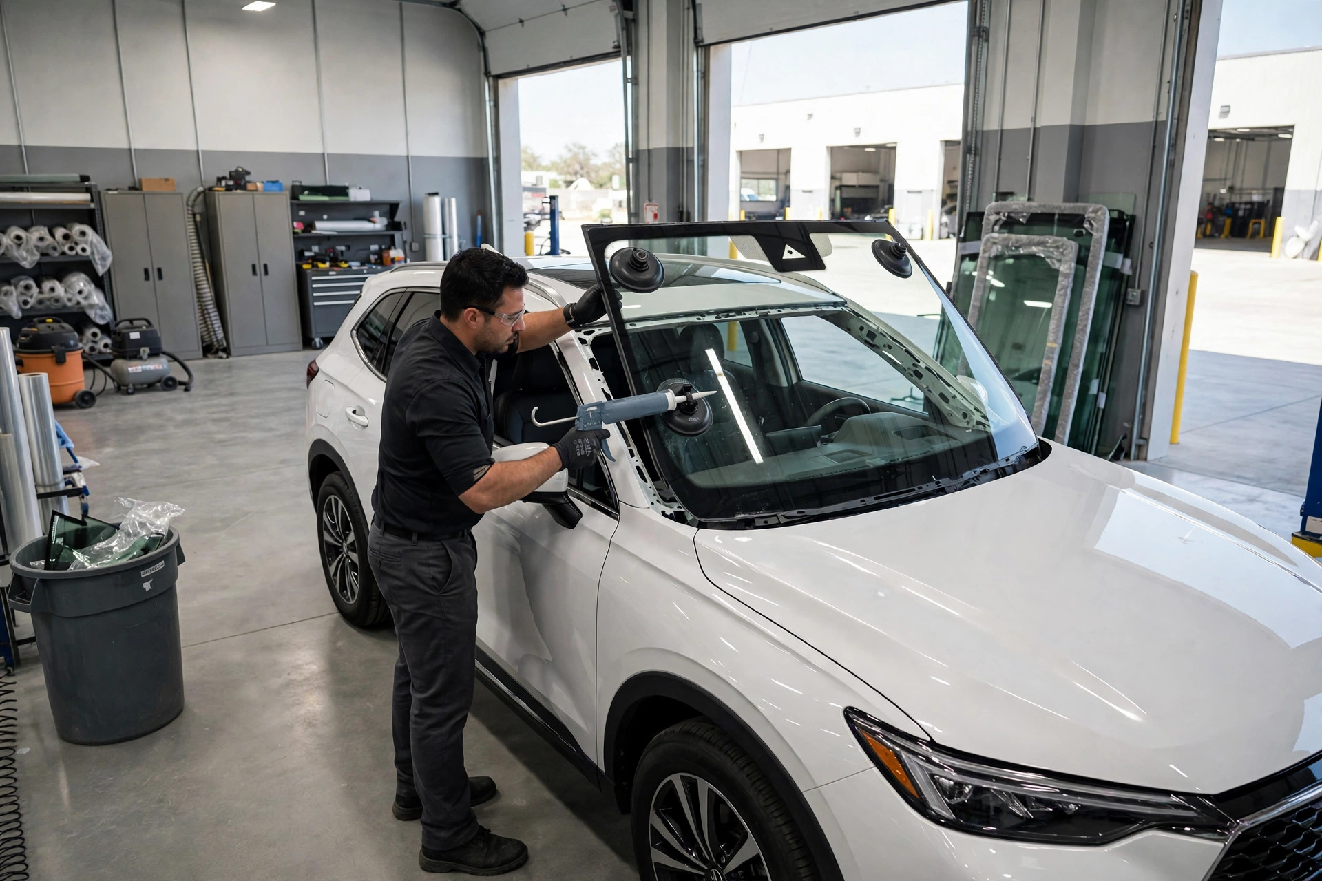 Technician replacing a windshield
